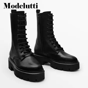 Modelutti/Novost 2022 godine; Ženske Trendy cipele Martin od prave kože s okruglog izreza i debela Peta u prosjeku za petama; Jednostavna Monotono Casual Cipele; Ženska Moderan
