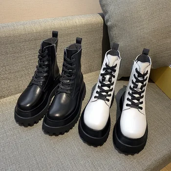 2022 Nove Cipele na platformu Ženske cipele Crne Kožne Čizme u stilu punk Moto cipele s debelim potplatima De Mujer Velike Veličine 43