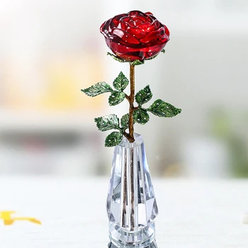 H & D Kristalnu Cvijet Crvene Ruže sa Zelenim Lišćem i Stalak za Хрустальной Vaza, Romantična Božićni Poklon za Valentinovo Poklon Za Rođendan, Kućni Dekor
