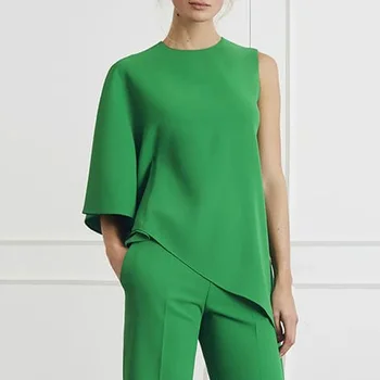 Oshoplive 2022 Nova Ljetna Ženska Casual Moda Monotono Asimetrični Elegantan Zelena Majica s Jednim Rukava za Ženske Odjeće Vrhovima