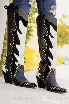 Jesenje Kaubojske Čizme Na masivnim petu cipele sa šiljcima, Ženske Sitnice Čizme Do Koljena s oštrim vrhom, Raznobojnim Kaubojske Čizme u zapadnom stilu, Botas De Mujer
