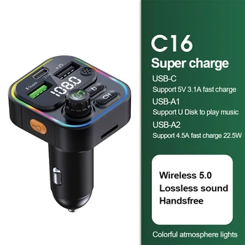 FM odašiljač Bluetooth 5,0 Adapterom za Automobil bez uporabe ruku, Audio Mp3 player s USB 22,5 W Brzo Punjenje Type-C Brzi Punjač FM Modulator