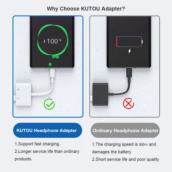 Аудиоадаптер KUTOU priključak za slušalice Type-C Adapter 2 u 1 Type C Priključak od 3,5 mm Pretvarač Kabel za punjenje slušalice