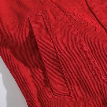 Sokotoo Muška crvena traper jakna sa izvezenim slovima, poderan traper jakna sa rupama, Gornja odjeća