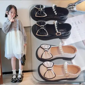Dimenzije 26-36, crne cipele princeze za djevojčice, Jesenski modni 2022 godine, student cipele s bijelim Lukom, Mekani Potplat, kožne cipele s okruglim vrhom