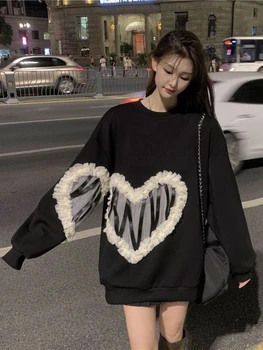 Deeptown Korejski Moda Srce Grid Čipke Patchwork Majica Ženska Harajuku Gotički Prevelike Veste Ženski Svakodnevne Pulover Vrhovima