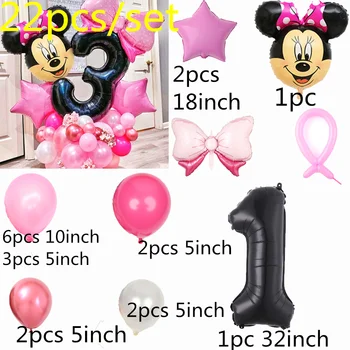 22 kom./compl. Disney Minnie Mouse Glava Baloni 32 inča Crni Broj Balon Ruža Crvena Roza Rođendan Djevojke Dječji Tuš Večernje Dekor