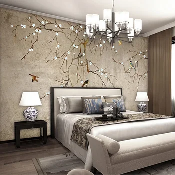 Običaj Zidne Freske 3D Kineski Stil Ručno Oslikana Cvijet Ptica Ulje na platnu Apstraktna Umjetnost Zidno Slikarstvo Kabinet Spavaća soba Dnevni boravak Desktop
