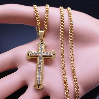 Križ Hip-Hop Kršćanska Lanac od Nehrđajućeg Čelika Ogrlice za Žene/Muškarce Zlatne Boje Šuplje Ogrlice sa Štrasom Nakit Poklon N4928S0