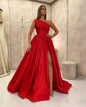 Crvena Haljina s Prorezom Na jedno rame Za Prom 2022, Donje Večernjim Večernja Haljina Vestidos De Gala, Satin Elegantne i Jednostavne Duge Večernje Haljine Trapeznog Oblika