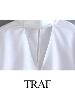 TRAF 2022 Elegantne Svakodnevne Ženske Bluze Soild, Modni Slatka Ženske Majice S V-izrez, Bijele Ženske Udobne Majice s Dugim Rukavima i Perje