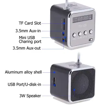 TD-V26 Aluminijski digitalna mreža FM radio prijemnik SD TF USB Play mini Stereo Zvučnik prijenosni FM radio 1,0 inčni LCD zaslon