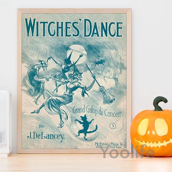 Pokloni Za Halloween Starinski Halloween Vještica Note Ilustracija Poster Ispis CRNA MAČKA PLES Klasicni Platnu Slikarstvo Kućni Dekor