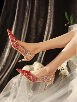 Ženski Ljeto vjenčanje Modeliranje cipele Crvene Boje, Luksuzni Sandale na Visoku Petu-ukosnica s oštrim Vrhom, Sjajne Večernje cipele, čamaca, ženske Cipele-brod