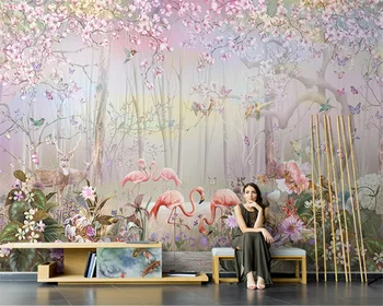 Beibehang Postaviti novi Nordic ručno oslikana los flamingo šuma snove dnevni boravak mural TV pink desktop pozadine home dekor