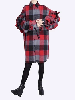 [EAM] Donje Crveno Checkered Haljina-košulja Sa volanima Velike Veličine, Nova Haljina-košulja S Igle i Dugih Rukava, Slobodni Stil, Moda, Proljeće-Jesen 2022 1DF1979