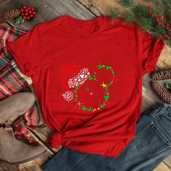 Sretan Božić, ženske majice, Lijepe Božićno Drvce s Mickey, Odjeća Disney, Moda 2022, Božićne Večernje Vrhovima, Crvena Ženska Majica
