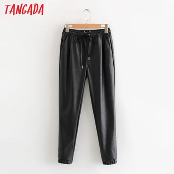 Tangada ženske crne hlače od umjetne kože s elastičan struk, tie na шнурках i džepovima, ženske jesensko-zimske elegantne hlače HY02