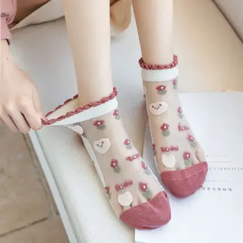 Berba Ženske Svilene Čarape S Kristalima, Ljetni ultra tanke Prozirne Kratke Čarape S Cvjetnim Uzorkom, japanski Slatka Kratke Čarape u stilu Харадзюку u stilu Kawai