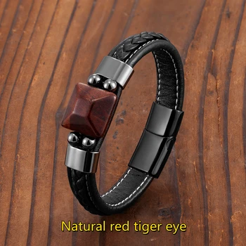 Novi Prirodni Crveni Kamen Tiger Eye Kvadratnom Ohol Muških Narukvica u Stilu punk Od Nehrđajućeg Čelika 316L, Kožna Uže, Nakit